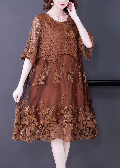 Brown O-neck Embroidered Lace Vacation Dresses Half Sleeve