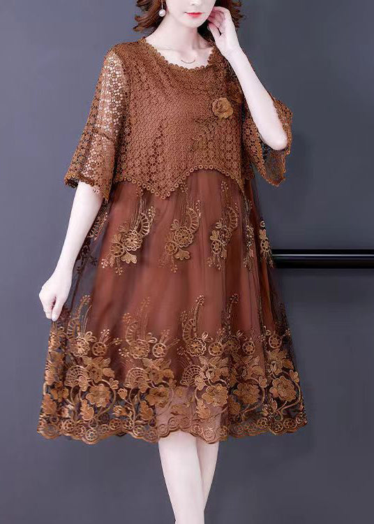 Brown O-neck Embroidered Lace Vacation Dresses Half Sleeve