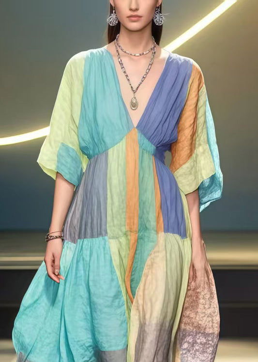 French Rainbow V Neck Patchwork Cotton Holiday Dress Summer