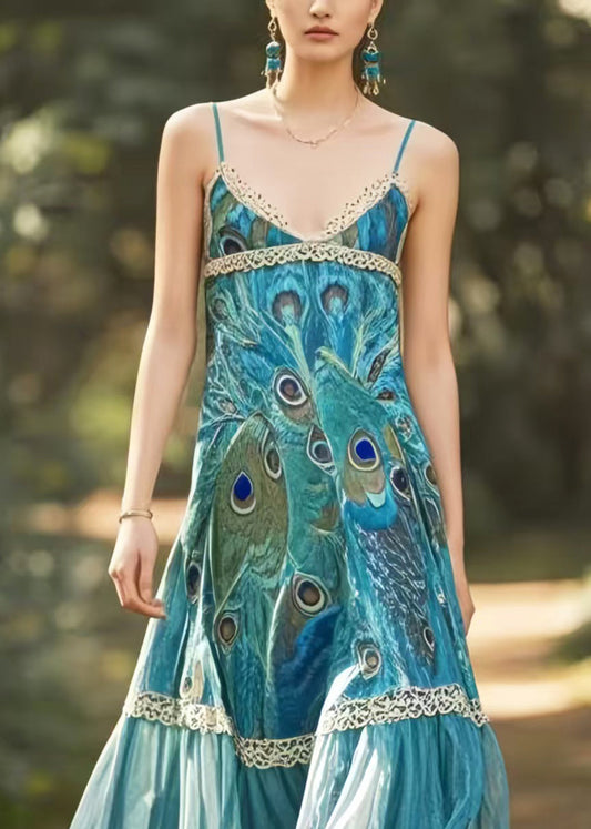 Style Peacock Blue Print Chiffon Spaghetti Strap Dress Summer