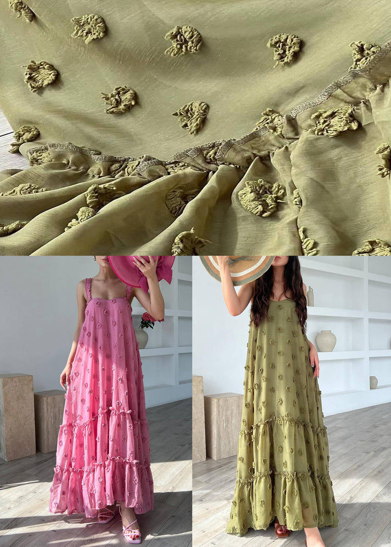 Pink Ruffled Cotton Spaghetti Strap Dress Sleeveless