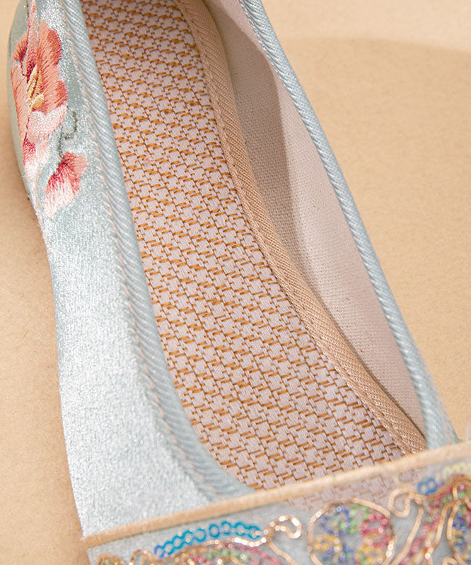 Light Blue Satin Embroideried Shoes Splicing Wedge Pointed Toe