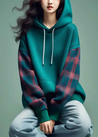 Blue Hooded Plaid Patchwork Cotton Sweatshirts Spring