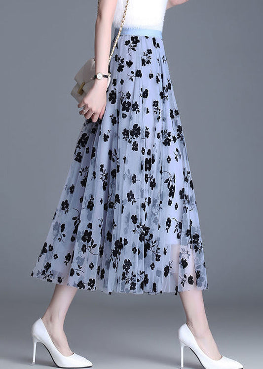Light Blue Tulle Print a Line Fall Skirts