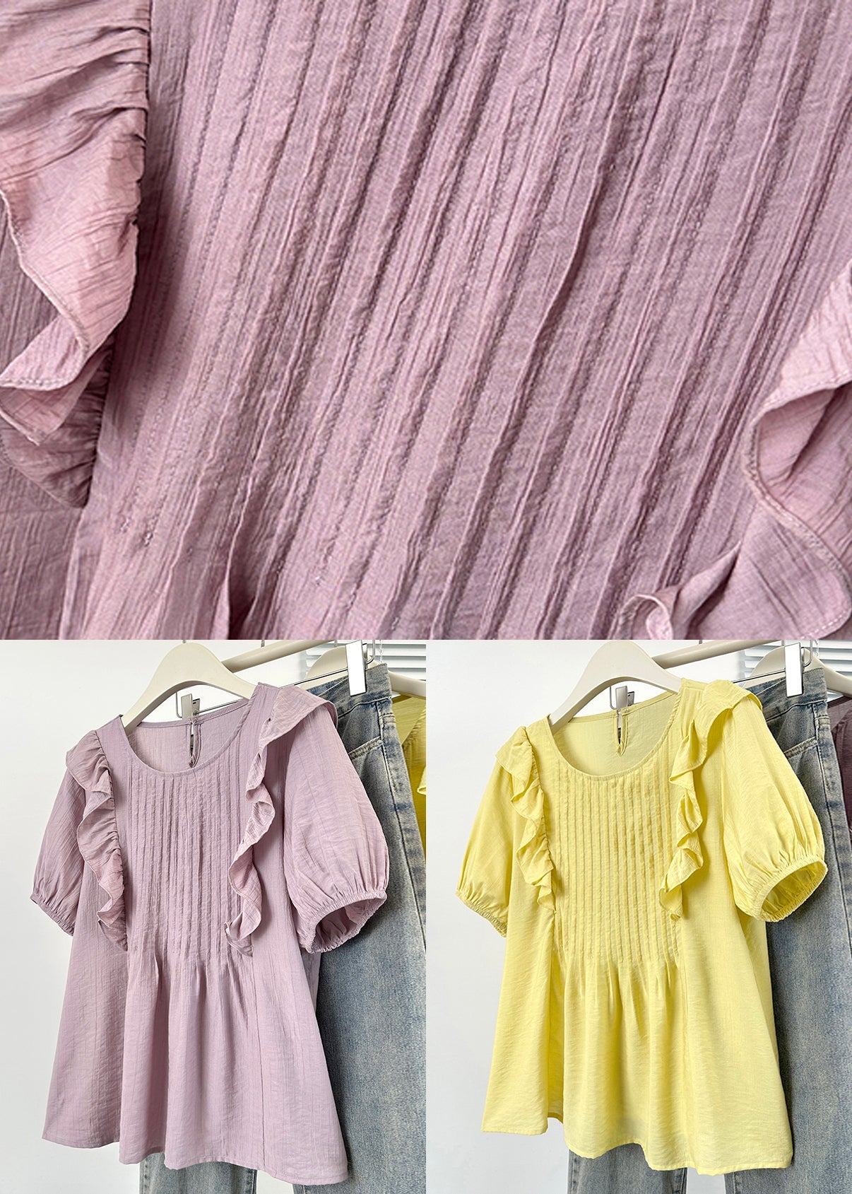Loose Purple O Neck Wrinkled Cotton Blouse Summer