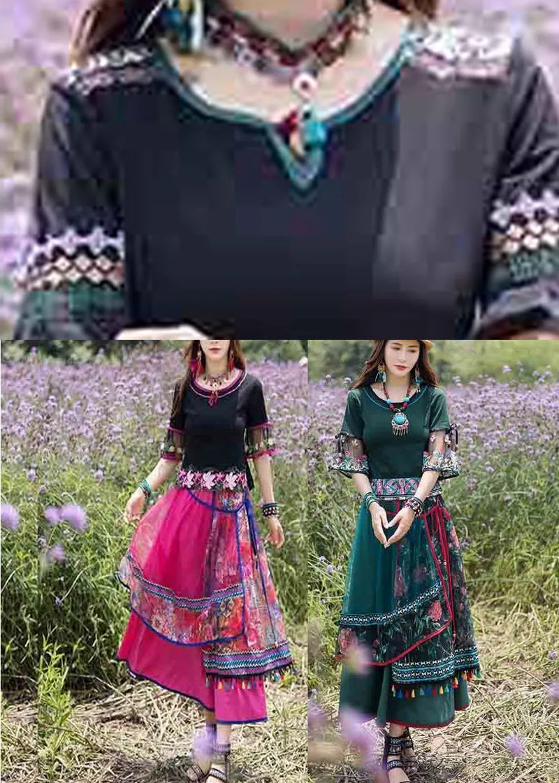 Novelty Black Embroideried Tulle Top and Skirts Two Piece Set Summer