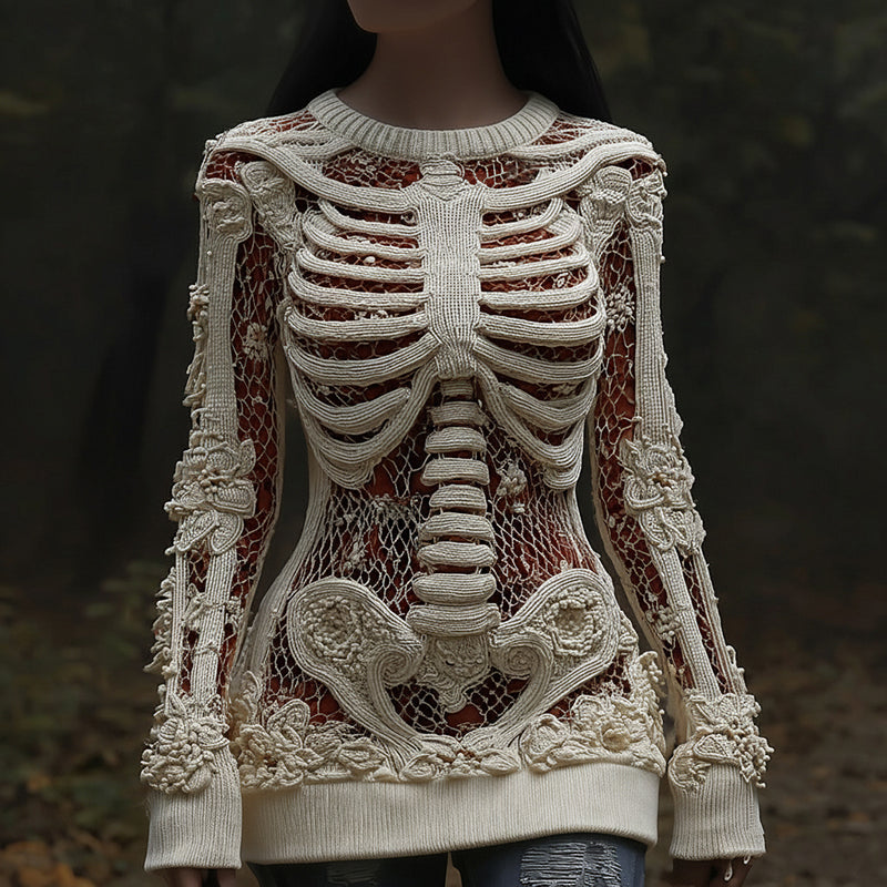 Women's Halloween Skull Sequin Art Knitted Warm Crew Neck Sweater artswardrobe