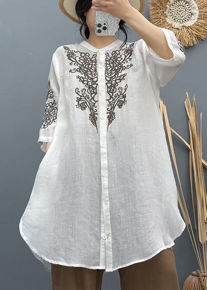 Apricot Embroidered Linen Long Shirt Summer