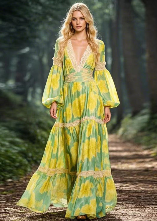 Yellow V Neck Print Patchwork Chiffon Maxi Dress Spring