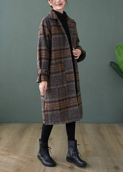 Plaid Fine Maxi Coat Shape Lapel Side Open Coats