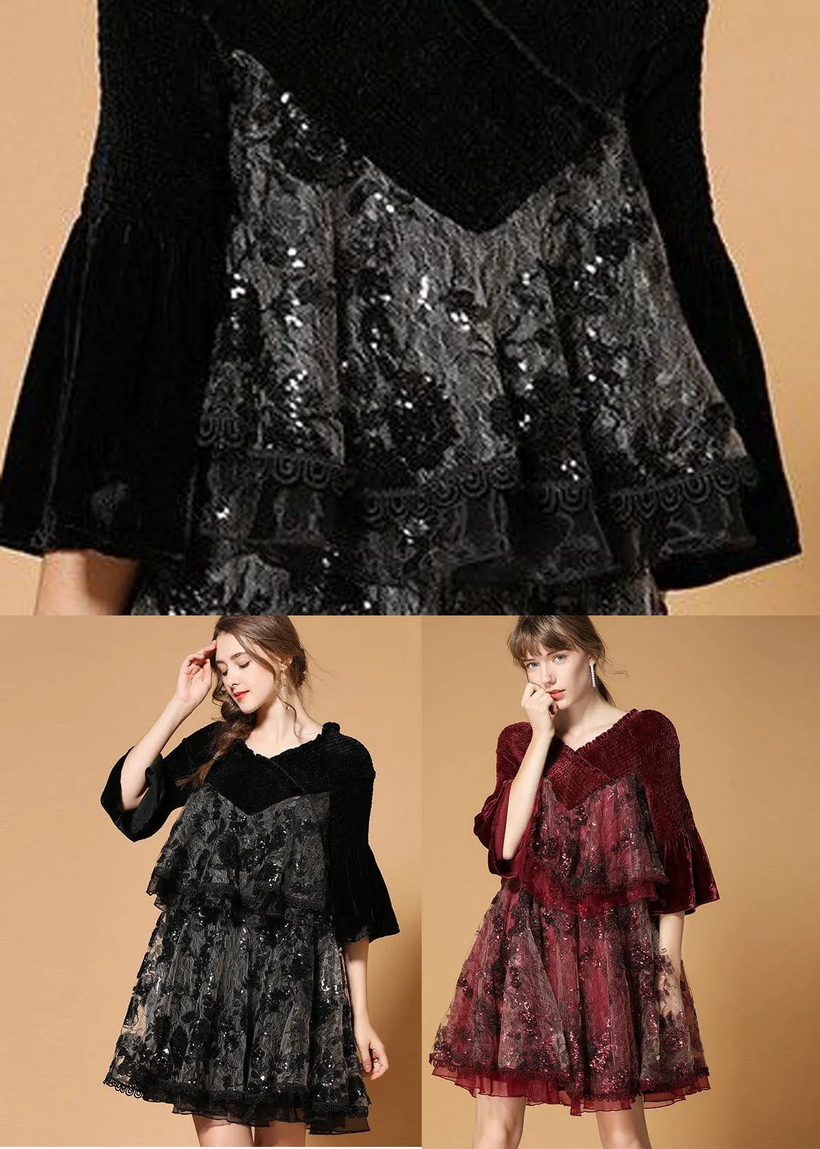 Black Patchwork Silk Velour Holiday Dress Sequins Nail Bead Half Sleeve