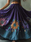 Women's Vintage Floral Embroidered Art Linen Blend Skirt