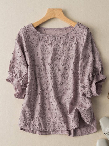 Embroidered Round Neck Half Sleeve Linen Tee Top