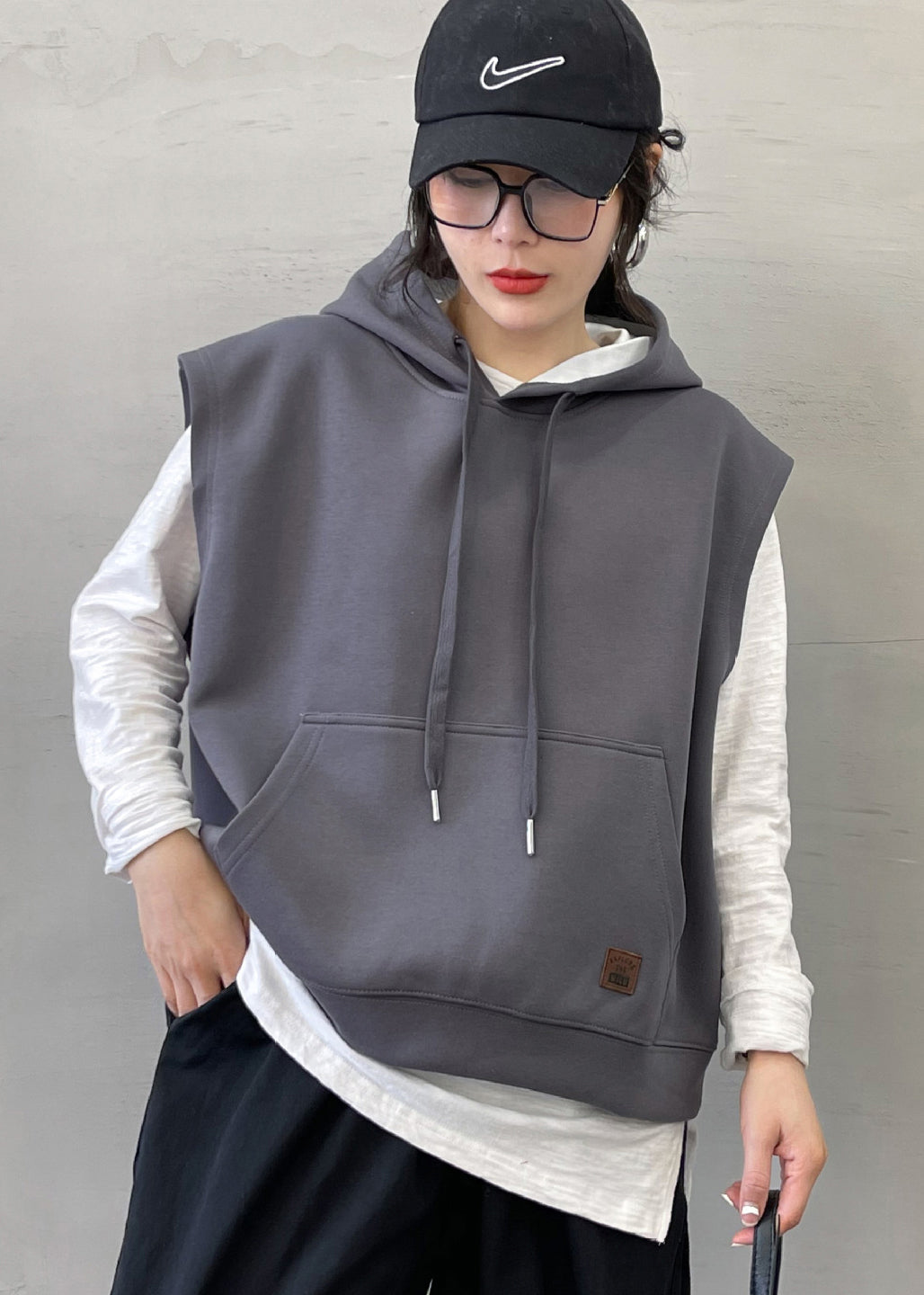 Modern Grey Drawstring Cotton Pullover Vest Sleeveless