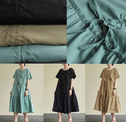 100% O Neck Drawstring Cotton Summerdresses Fabrics Green Art Dresses