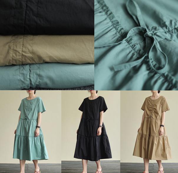100% O Neck Drawstring Cotton Summerdresses Fabrics Green Art Dresses