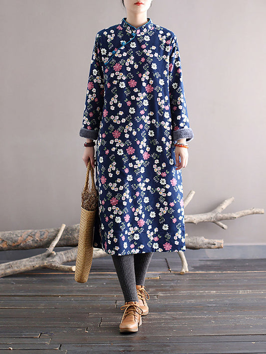 Winter Chinese Style Print Frog Thick Dress