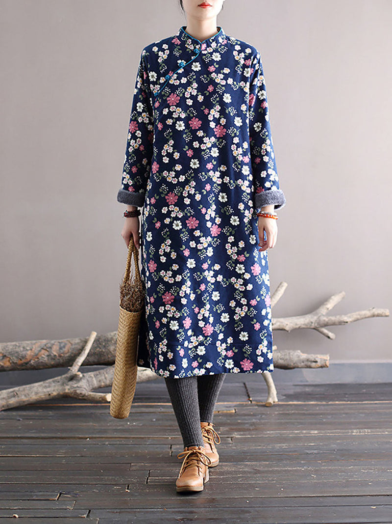 Winter Chinese Style Print Frog Thick Dress