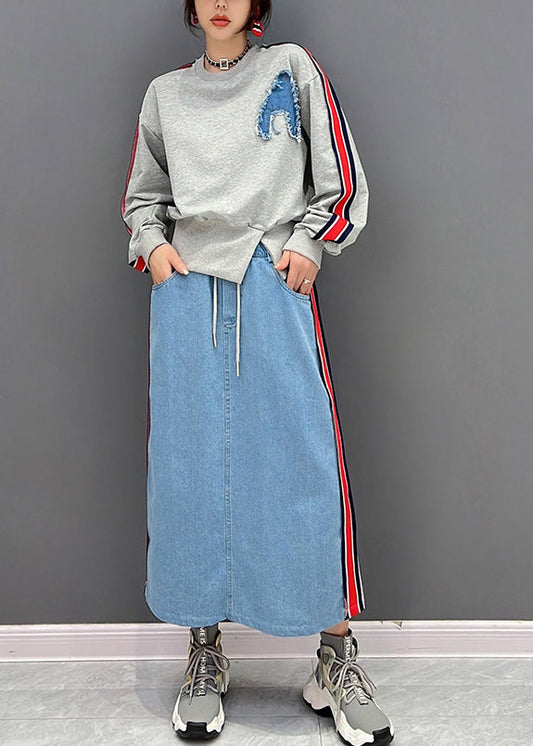 Grey O-neck Patchwork Pullover and Skirts Two Piece Suit Set Fall