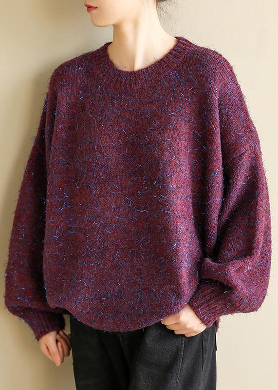 Oversized Purple Knit Tops Wild Fall O Neck Knitwear