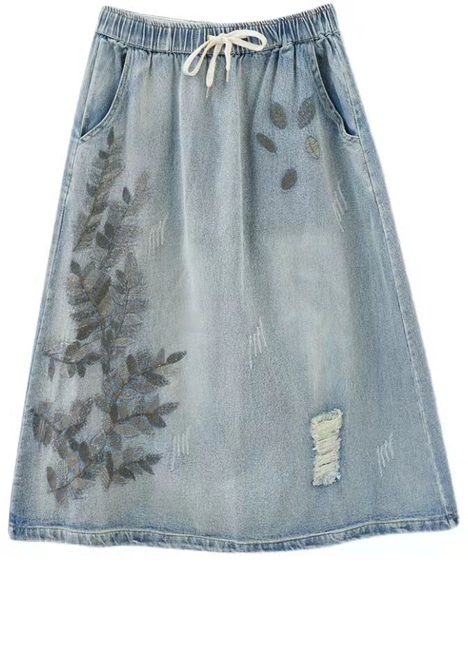 Art Navy Embroideried Hole Cozy Denim Skirt