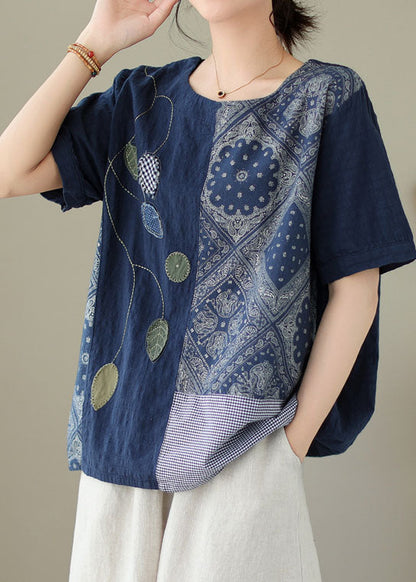 Navy Embroidered Print Patchwork Cotton T Shirt Tops Summer
