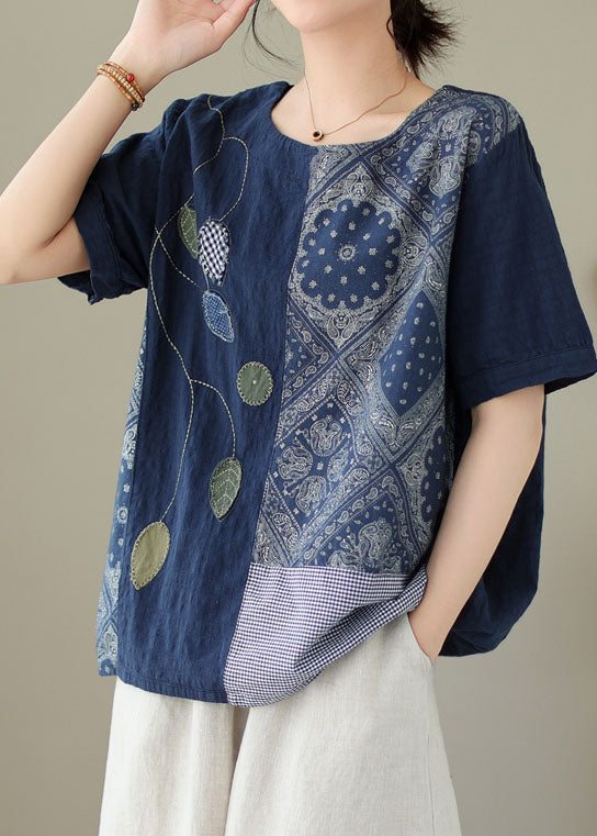 Navy Embroidered Print Patchwork Cotton T Shirt Tops Summer