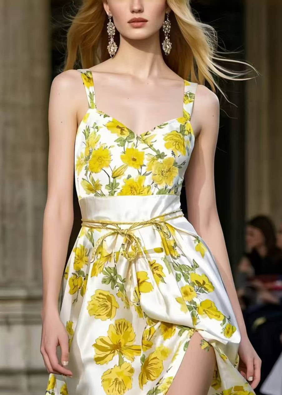Silm Fit Yellow Print Side Open Silk Sundress Summer