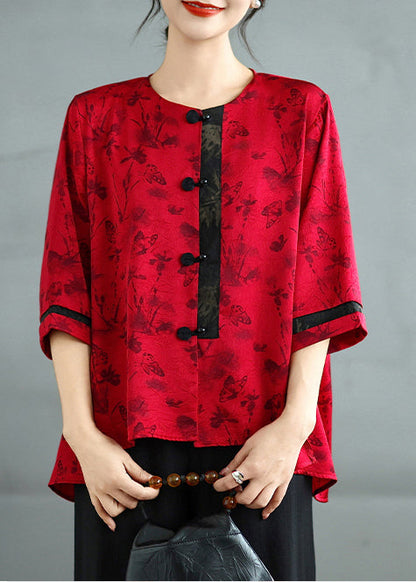 Red Oversized Print Silk Oriental Tops Summer