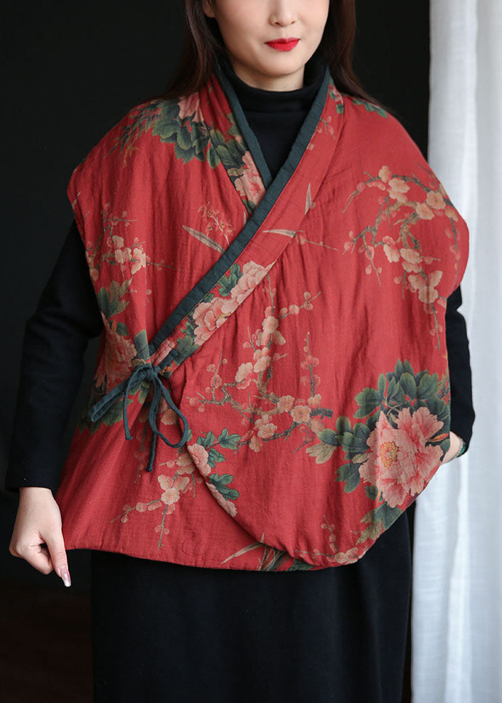 Red Print Tie Waist Fine Cotton Filled Vests Winter