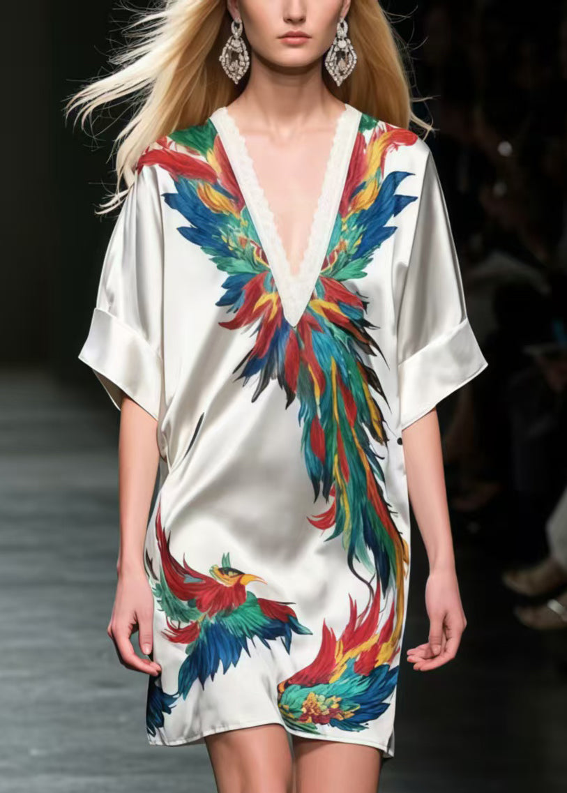 Phoenix Print Silk Mid Dress Summer