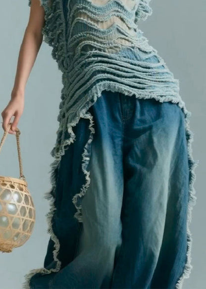 Blue Stand Collar Original Design Denim Shirt Summer