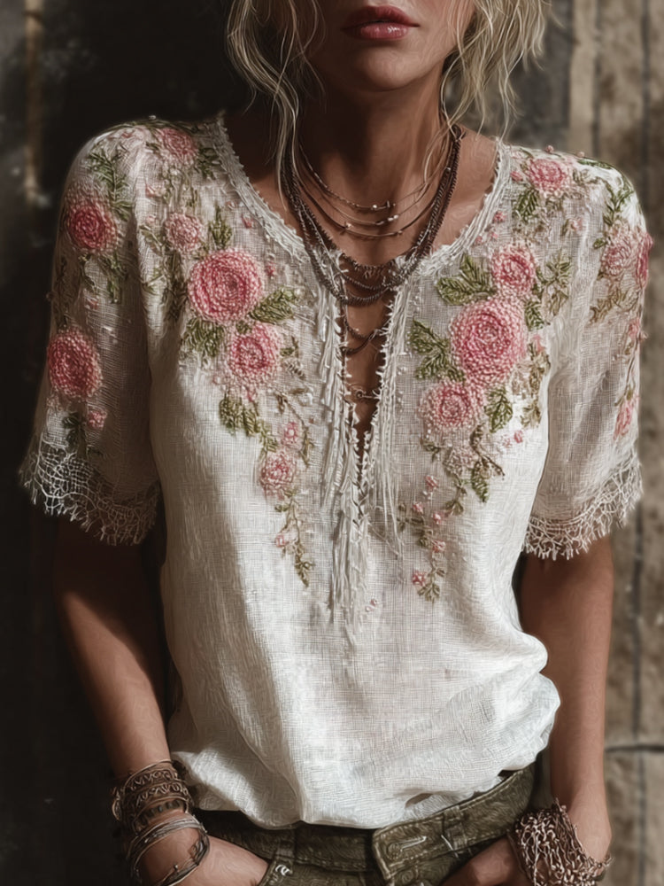 Ladies' Rose Embroidery V-neck Casual Short-sleeved Shirt elevenforest