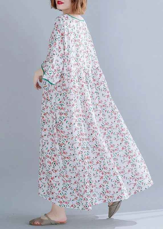 Organic White Print Cotton Dress V Neck Extra Large Hem a Line Summer Dress