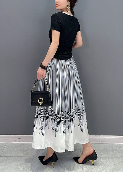White Zebra Pattern Cotton a Line Skirt Elastic Waist Spring