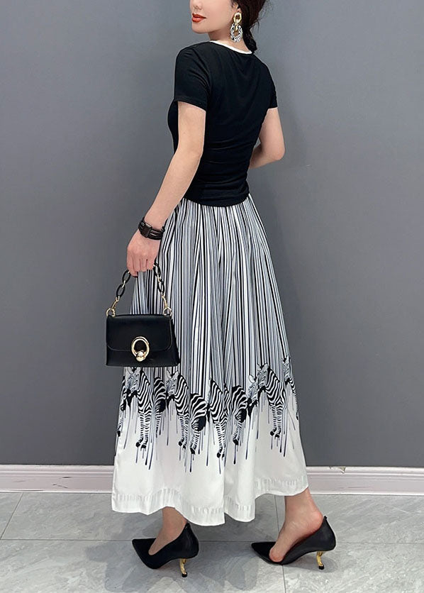 White Zebra Pattern Cotton a Line Skirt Elastic Waist Spring