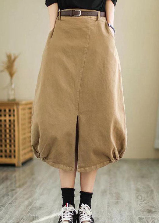 Khaki Side Open High Waist Cotton Skirt Spring