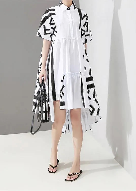 Geometric Printed Woman Summer Stylish White Midi Shirt Dress