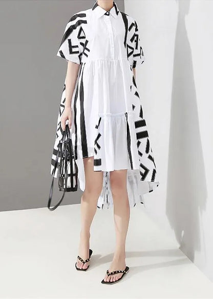 Geometric Printed Woman Summer Stylish White Midi Shirt Dress