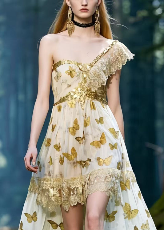 One Shoulder Butterfly Print Chiffon Vestidos Dresses Summer