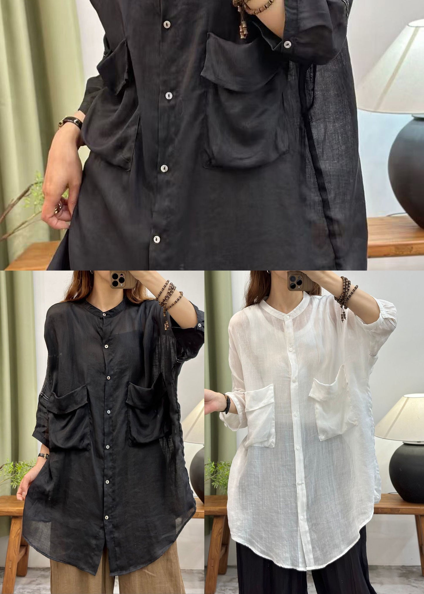 Black Oversized Pockets Cotton Long Shirt Summer