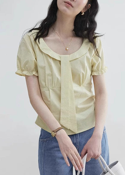 Elegantyellow Wrinkled Zippered Cotton Blouses Puff Sleeve