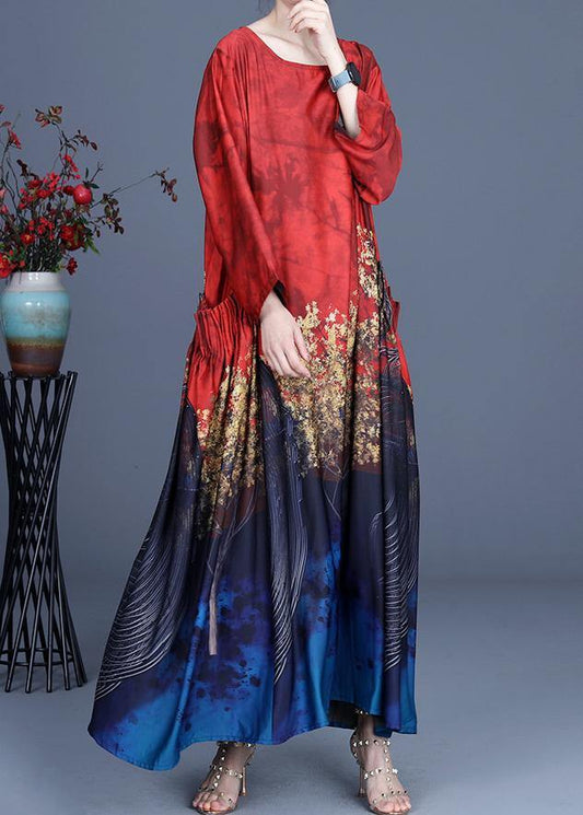 French Red Print Asymmetrical Design Summer Vacation Dresses
