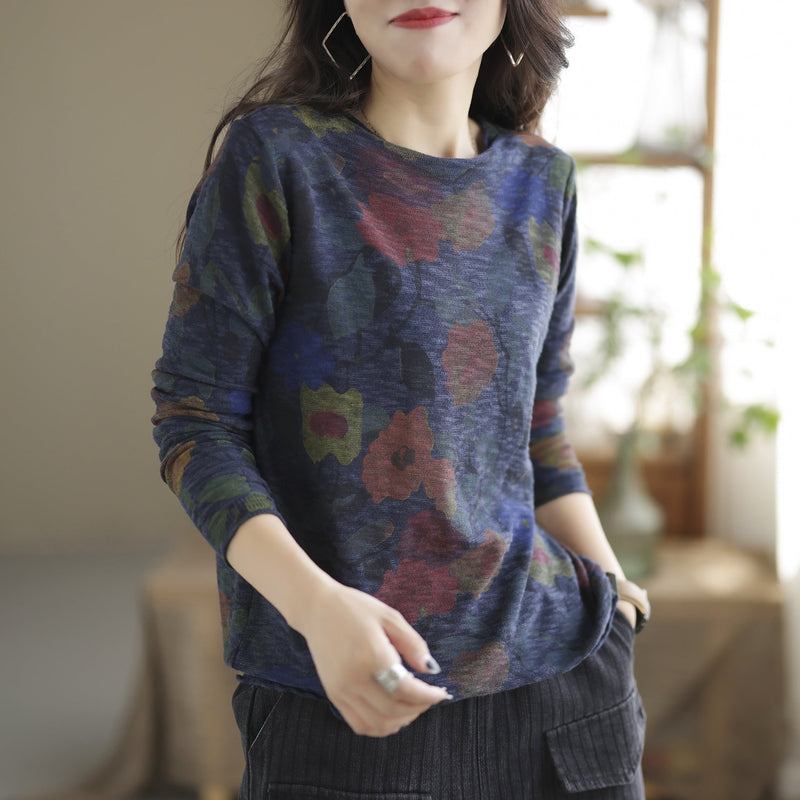 Autumn Retro Print Cotton Knitted Loose Sweater