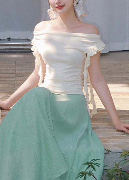Apricot Ruffled Cotton T Shirt Top Slash Neck