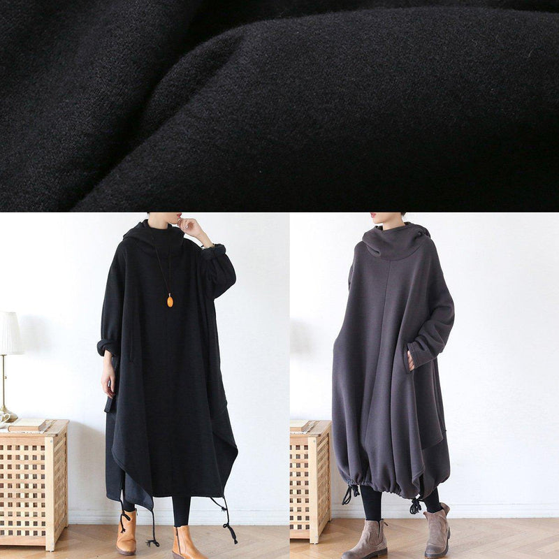 100% Hooded Asymmetric Cotton Wardrobes Work Black Maxi Dress