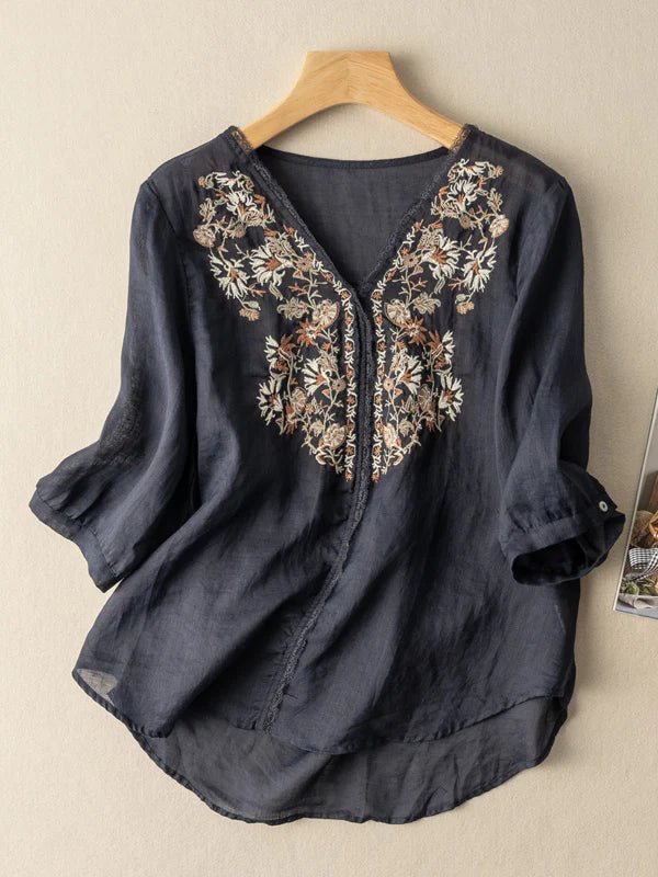 Embroidered V Neck 3/4 Sleeve Linen Top