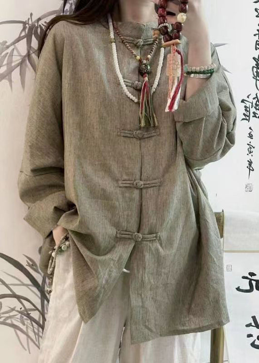Loose O Neck Chinese Button Linen Shirt Tops Spring
