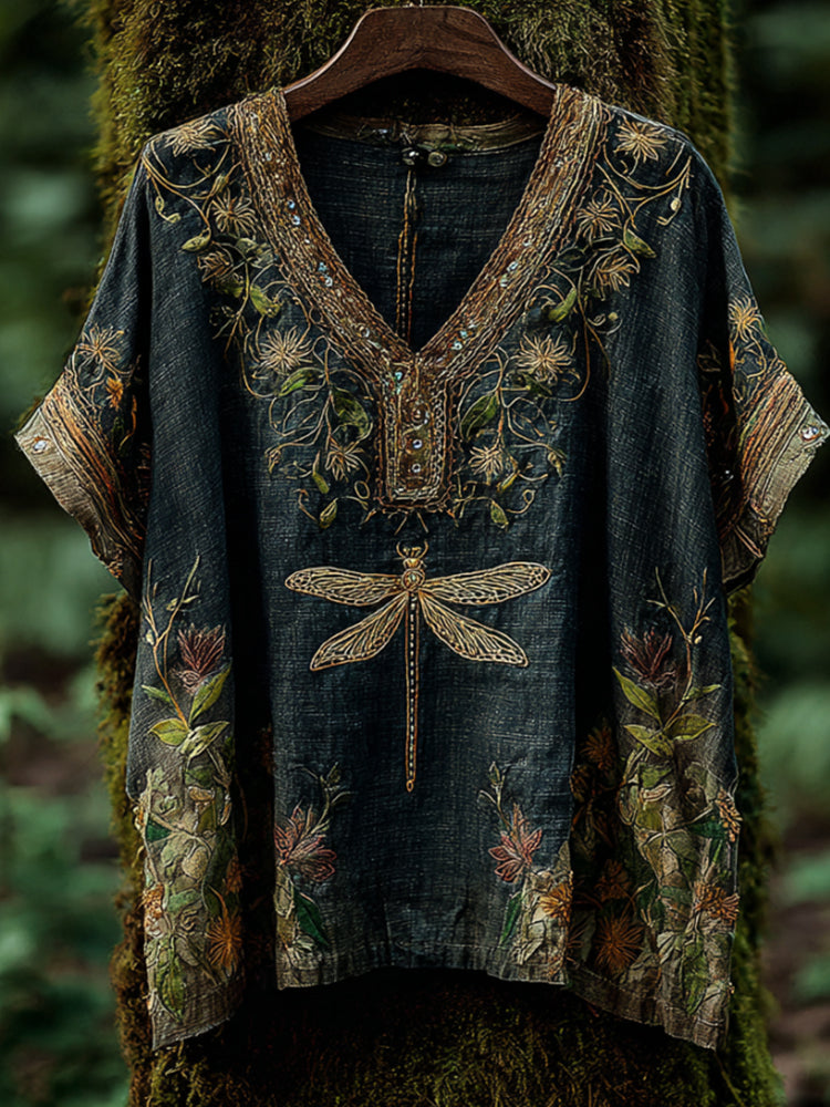 Vintage Cotton And Linen Dragonfly Plant Pattern Aged V-neck Short-sleeved T-shirt elevenforest