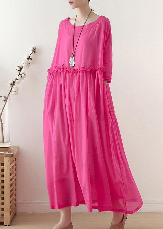 Rose O-neck Ruffled Long Dress Summer Chiffon Dress
